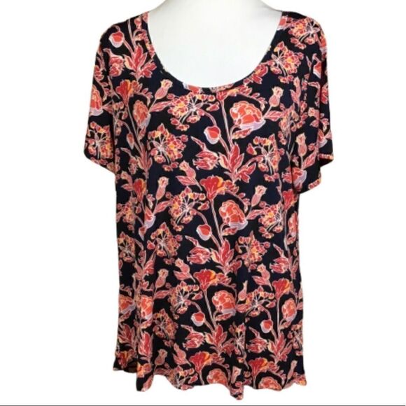 LulaRoe Simply Comfortable Top Black Floral Print Round Neck Short Sleeve XL - Picture 1 of 7